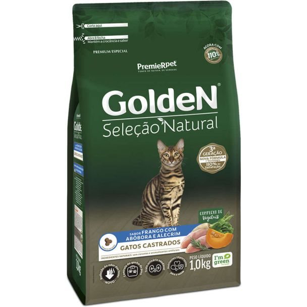 Ração Golden Seleção Natural Gatos Castrados Frango com Abóbora e Alecrim 1kg